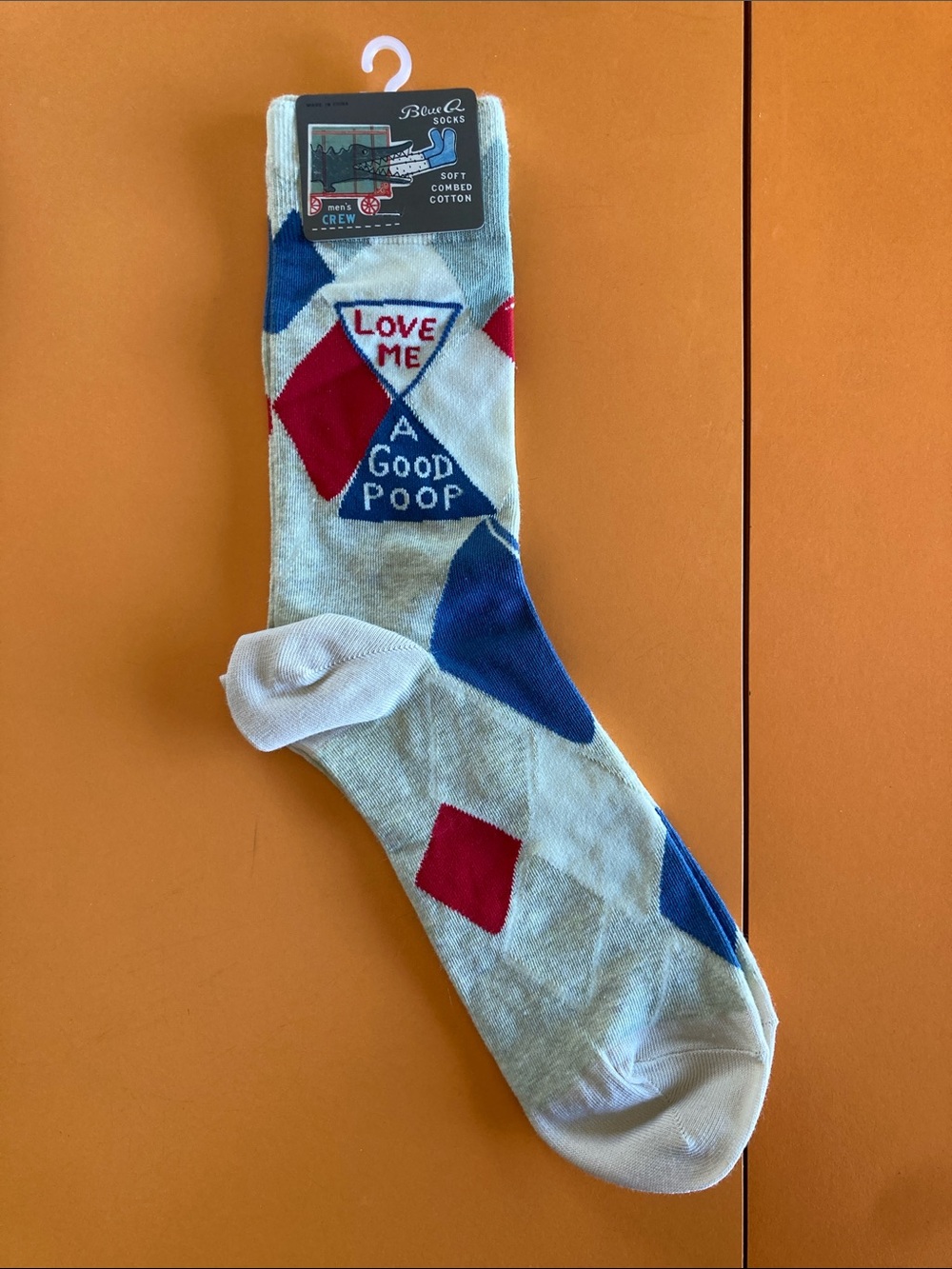 Blue Q Light Gray Crew Socks with Blue & Red Diamond Pattern